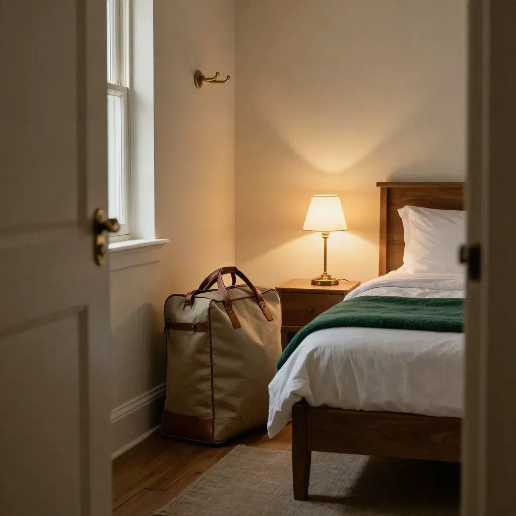 Compact seaside guest room with lit lamp, overnight bag, turned-down quilt and coat hook.