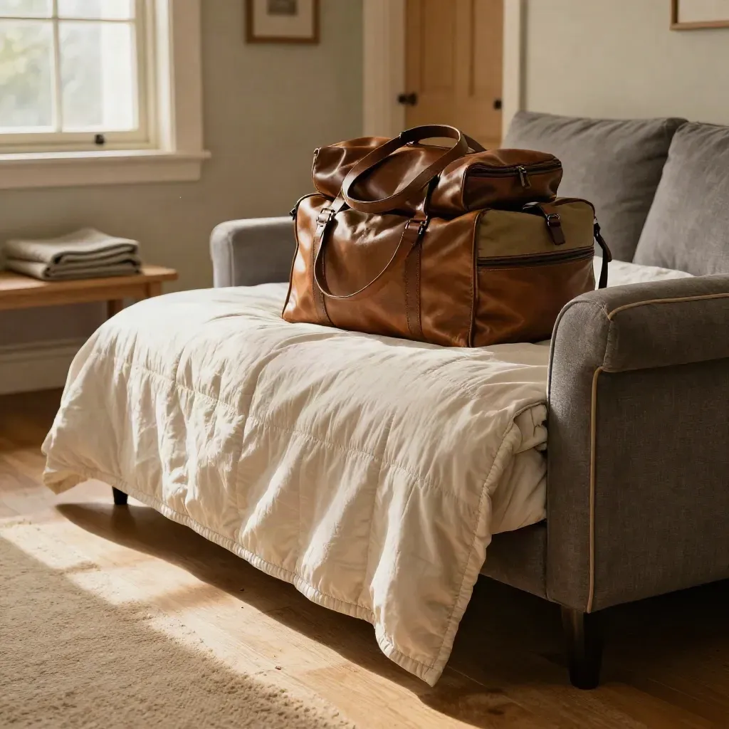 Family room corner with twin beds, sofa, bags and a bench in warm late-afternoon light.