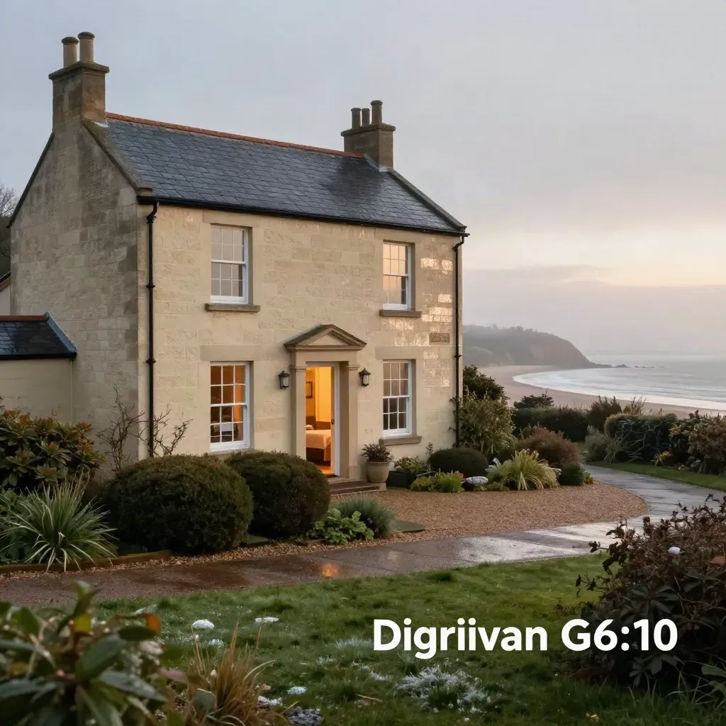 Cream-stone guest house at dawn with mist, lit windows, wet garden and sea horizon.
