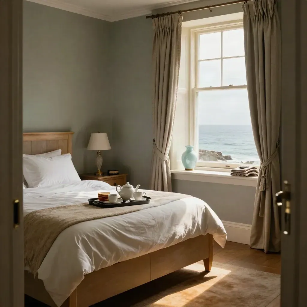 Harbour-facing double room with breakfast tray, open curtains, and sea light on turned-down pillows.