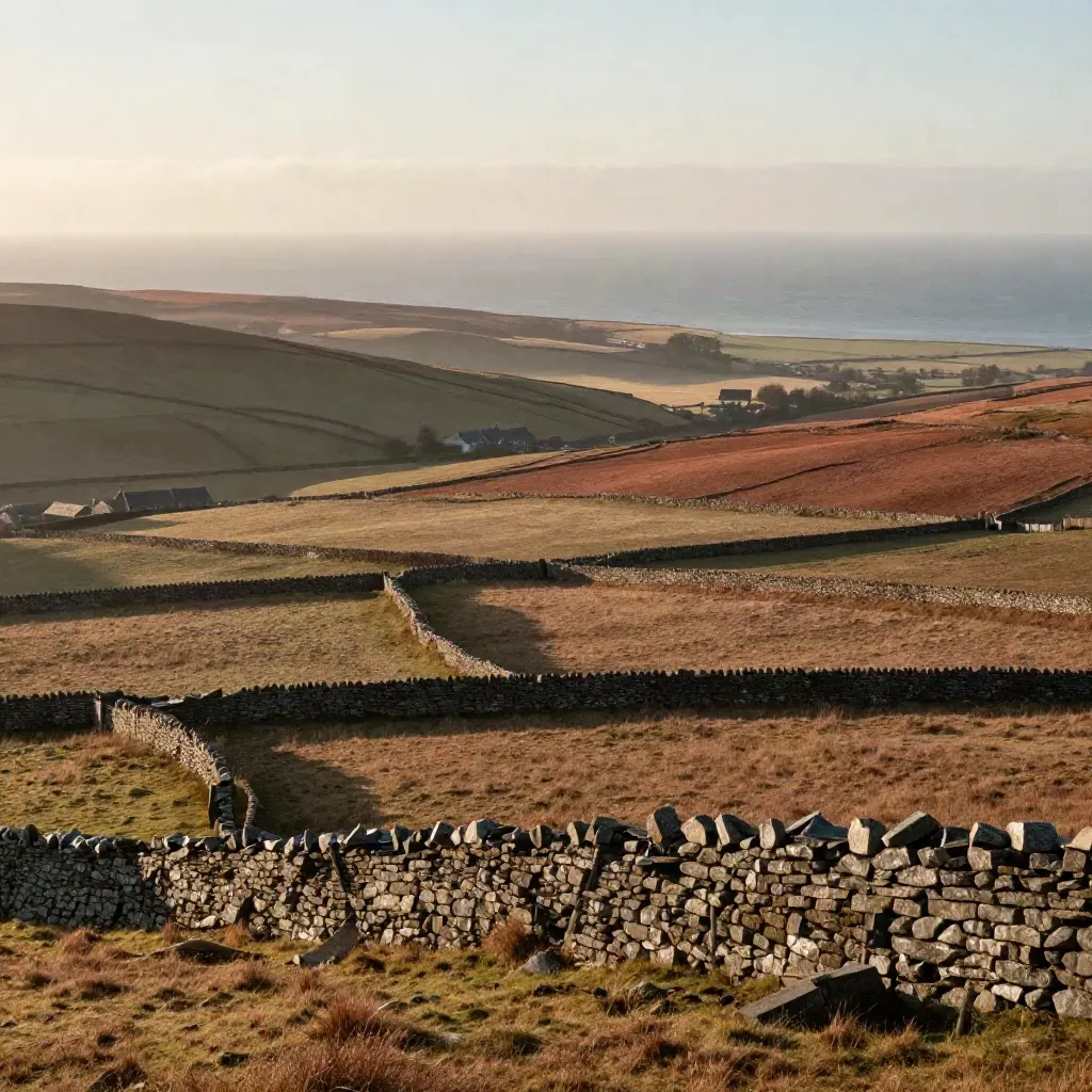 Hazy elevated Yorkshire fields, stone roofs and a silver sea line with calm open foreground.